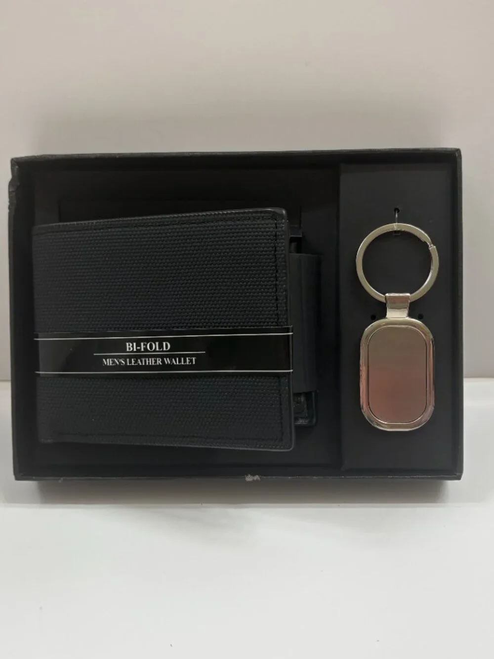 Men's Gift Set - Bi-Fold Black Wallet & Silver Keychain- NWT IN BOX